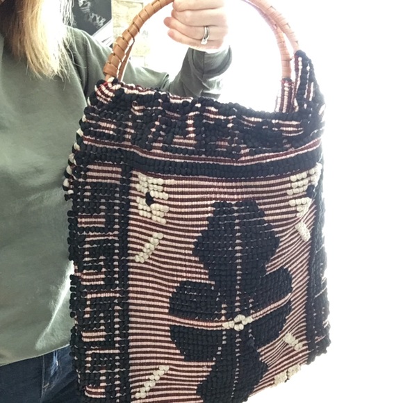 Vintage Handbags - Heavy Vintage Rug Tapestry Bag with Rattan Handles *read*
